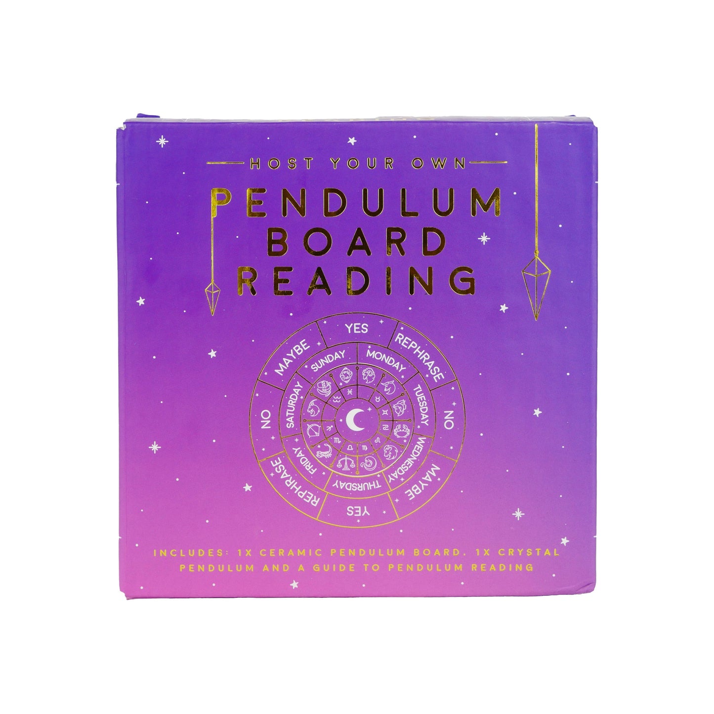 Purple packaging of a product for pendulum reading with text and symbols on a white background