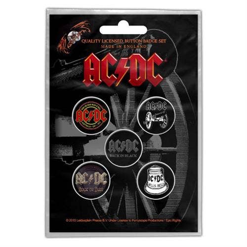 AC/DC button badge set packaging with logos on a black background