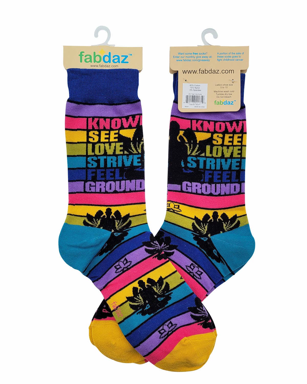 Colorful socks with motivational text and branding on a white background