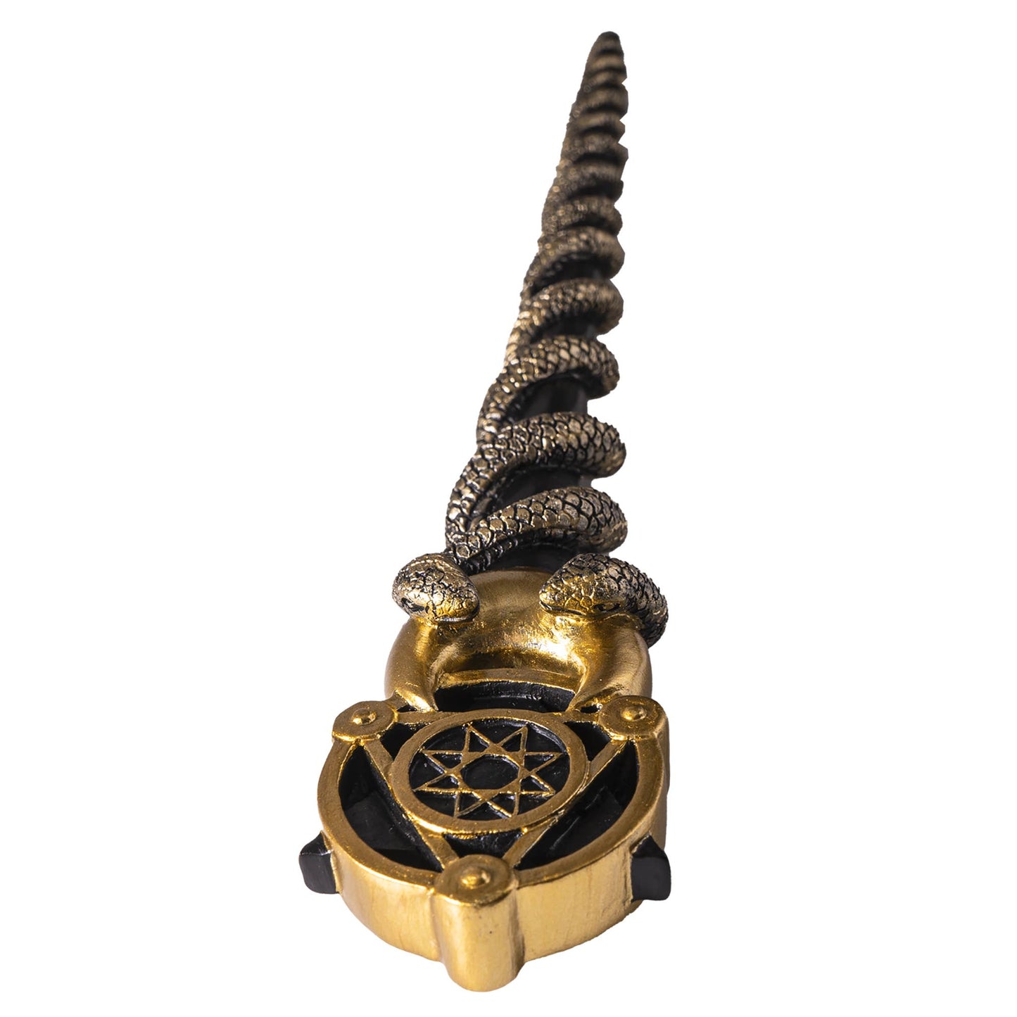 Decorative object with a spiral design and geometric center on a white background