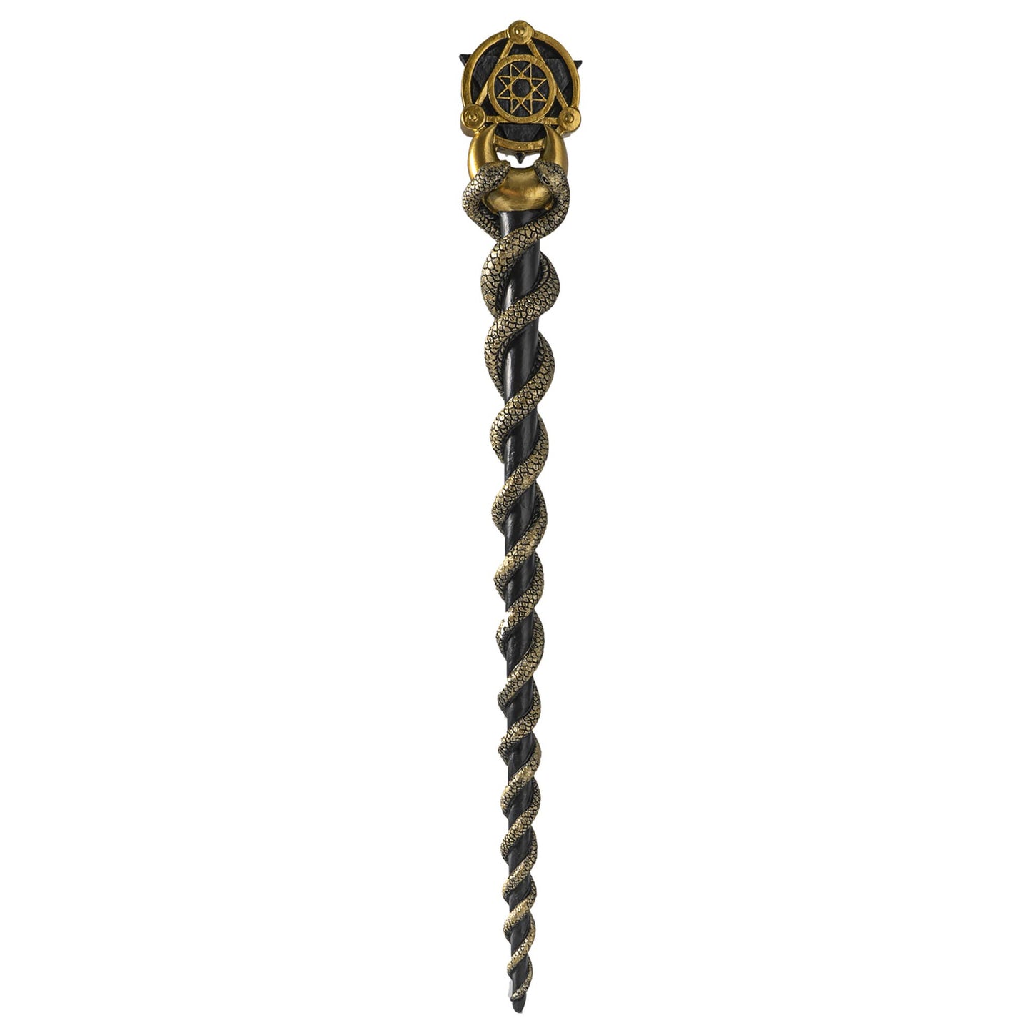 Decorative staff with braided design and ornate top on a white background