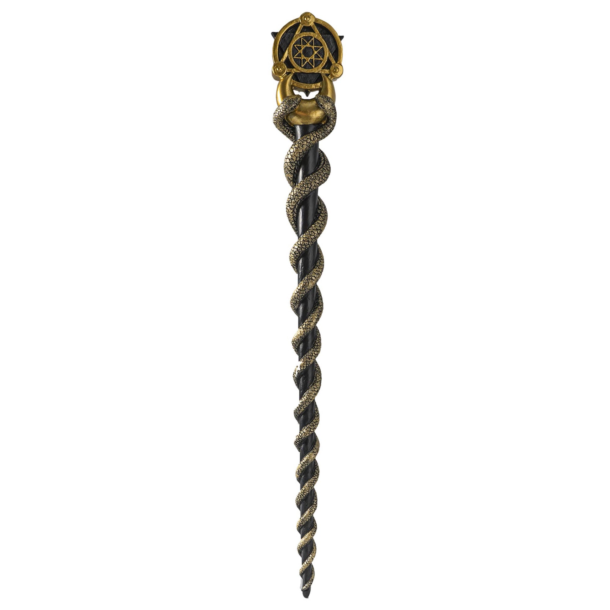 Decorative staff with braided design and ornate top on a white background