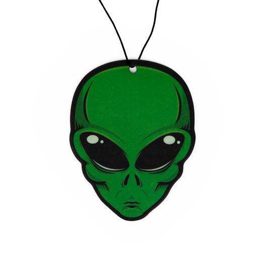 Green alien head air freshener on a white background