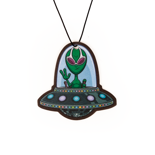 Alien in a UFO design on a white background