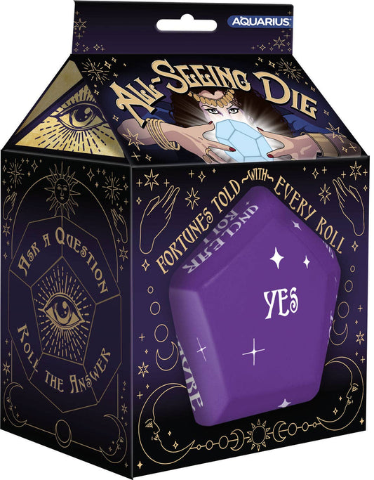 Purple dice with 'YES' and 'NO' on a packaging box featuring astrological symbols and text.