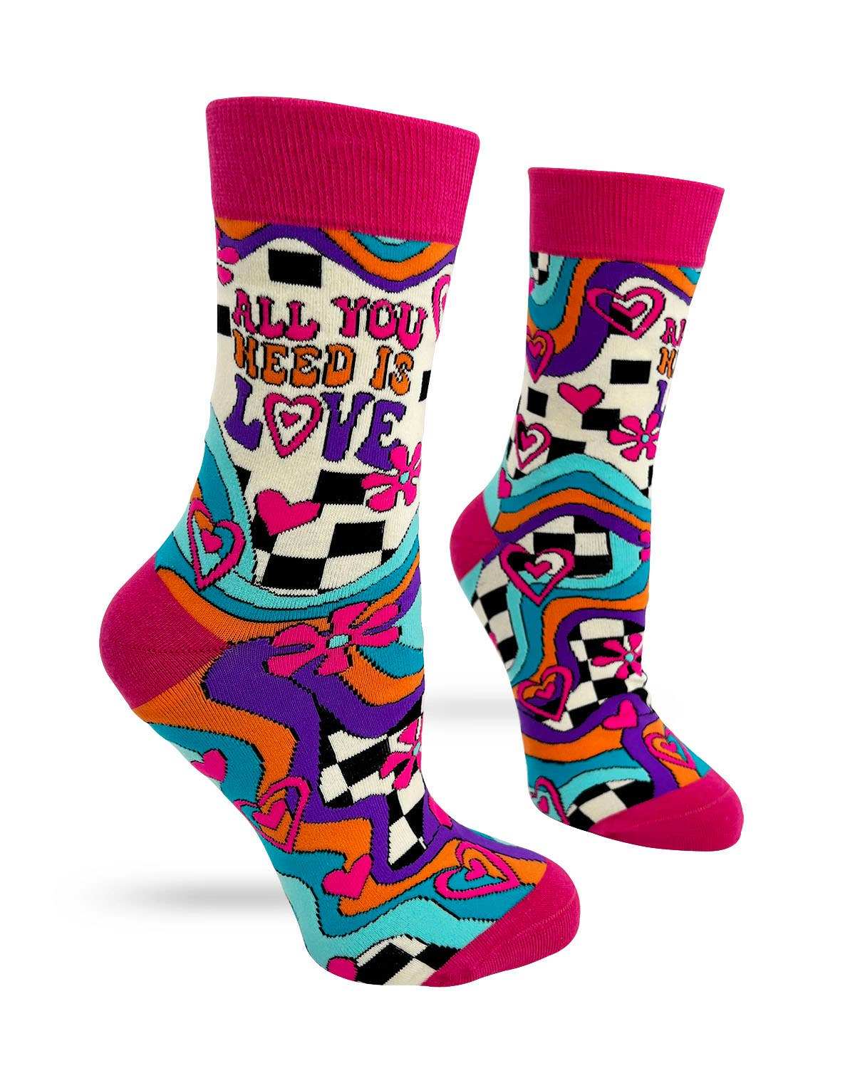 Colorful socks with abstract patterns and text on a white background