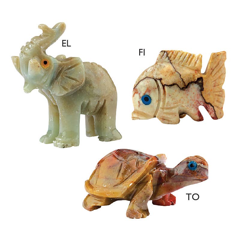 Three carved stone animals labeled 'EL', 'FI', and 'TO' on a white background.