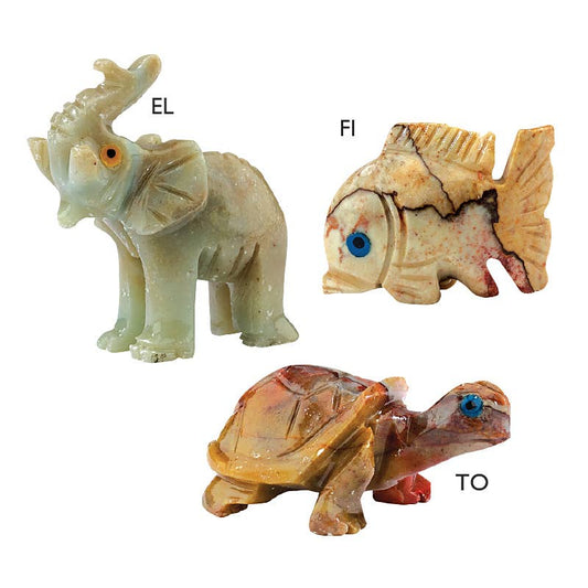 Three carved stone animals labeled 'EL', 'FI', and 'TO' on a white background.
