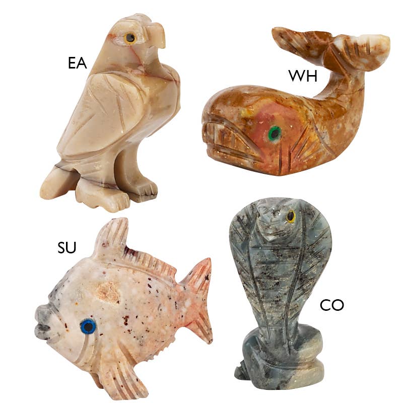 Four stone animal figurines on a white background