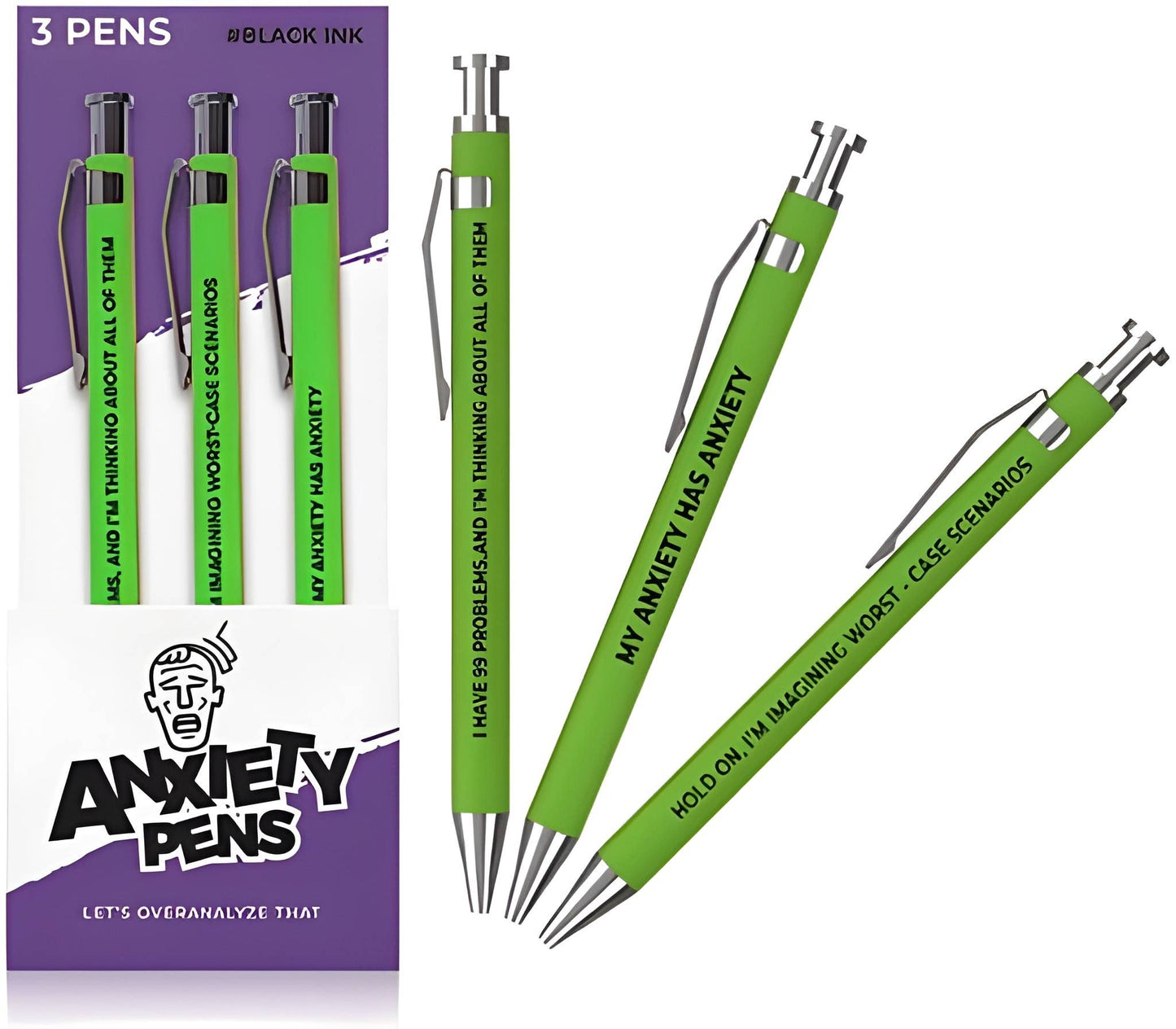 Green pens with humorous text on a white background