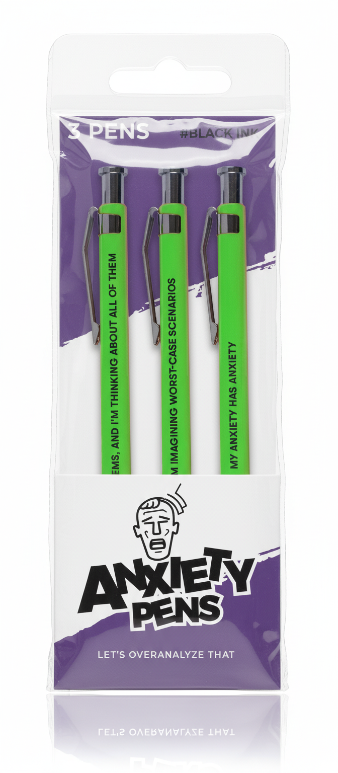 Pack of green anxiety pens with humorous text on packaging