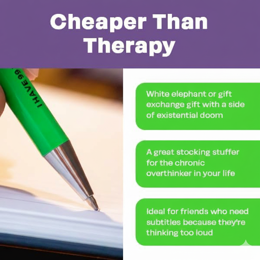 Green pen with text about its uses and a purple background
