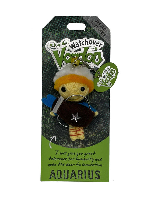 Plush toy figure of Aquarius from Watchover Voodoo on a green and black packaging background.