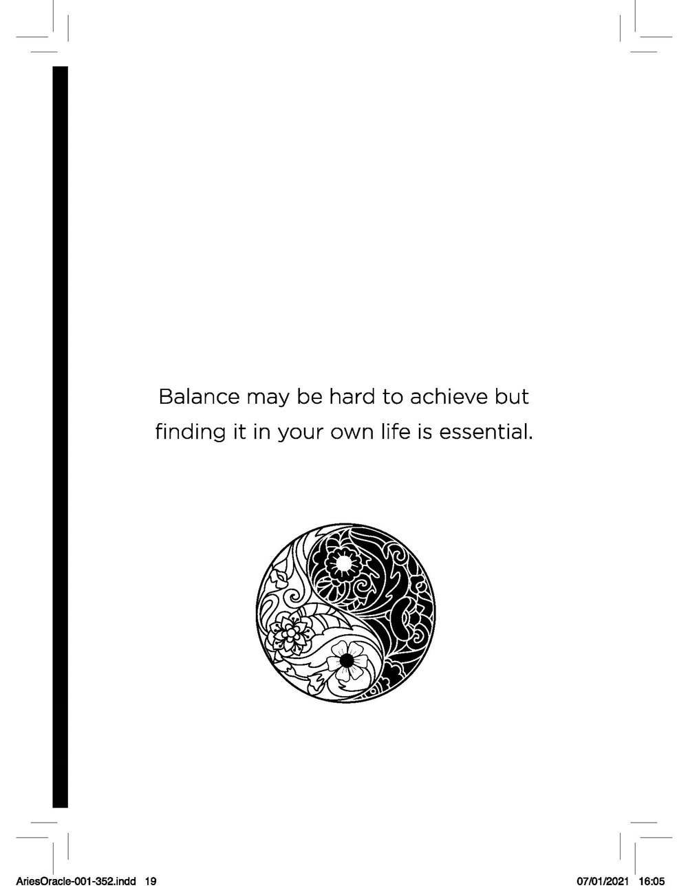 Black and white design with a yin yang symbol and motivational quote on a white background