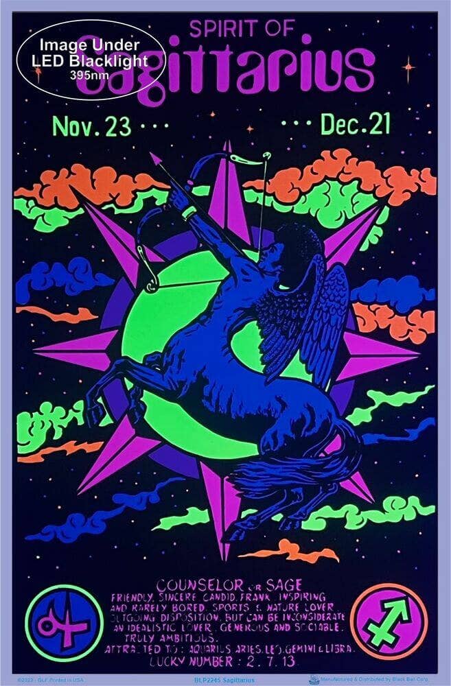 Zodiac poster for Sagittarius with colorful design and text.