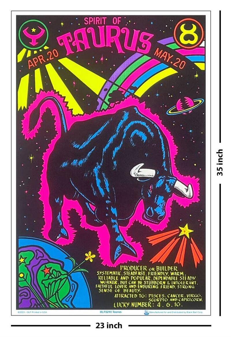 Colorful poster of a bull with astrological design, featuring Taurus zodiac sign.