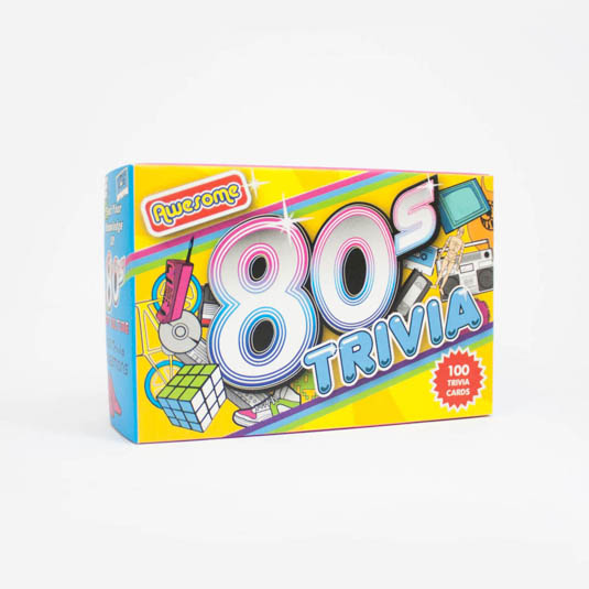 80s Trivia game box with colorful design on a white background