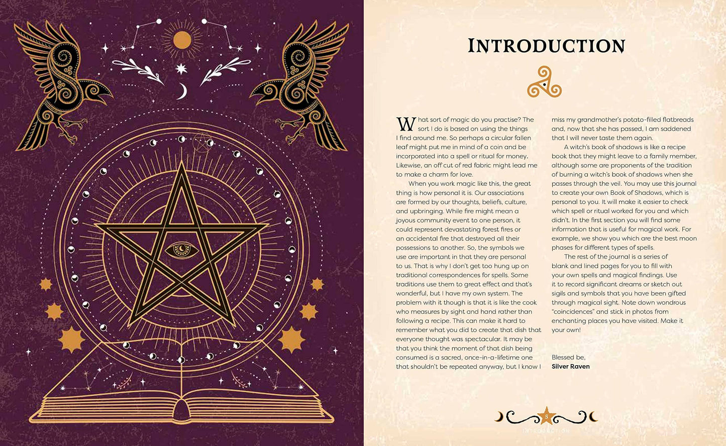 Magical book cover with pentacle design and introductory text on a sepia background