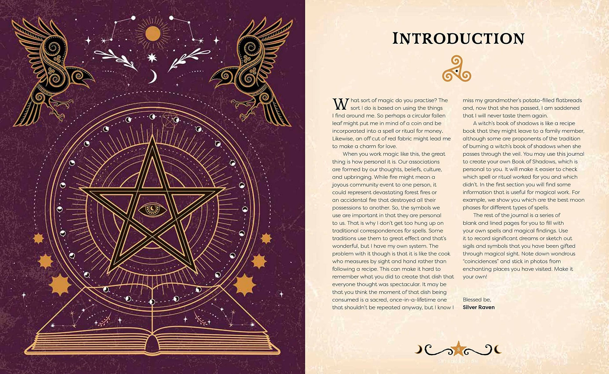 Magical book cover with pentacle design and introductory text on a sepia background