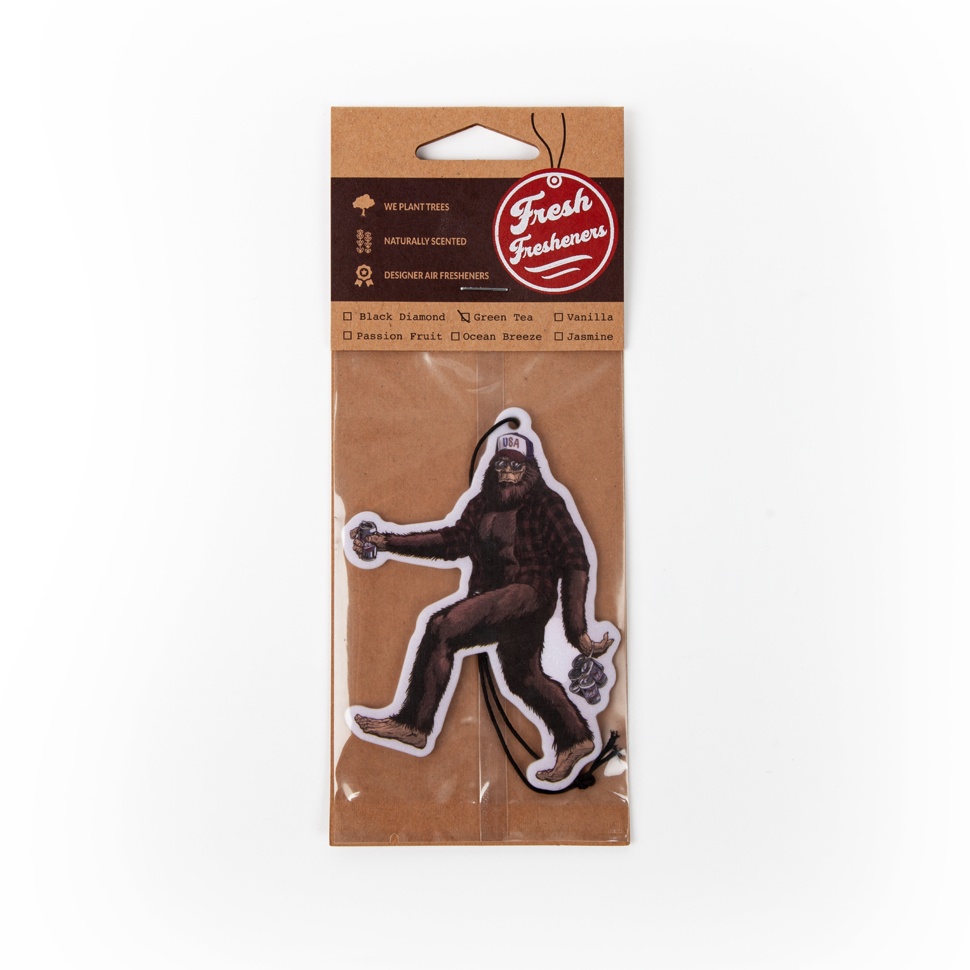 Package of Fresh Freshvers with a cartoon Sasquatch design on a brown background
