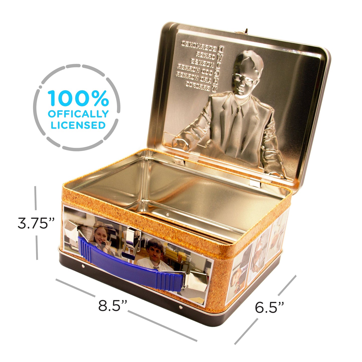 Metallic collectible box with a lid featuring a portrait and dimensions displayed.