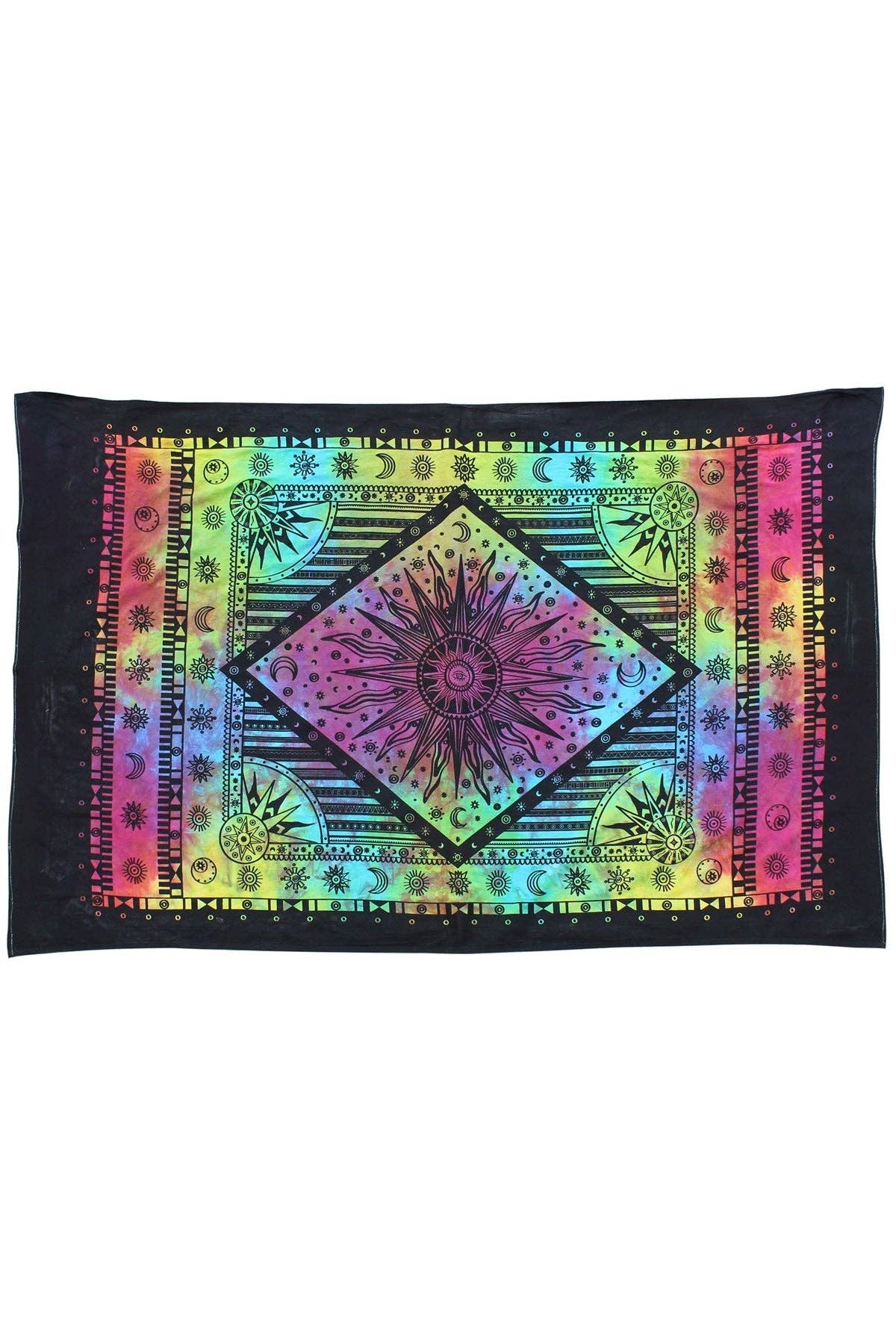 Colorful tapestry with geometric patterns on a black background