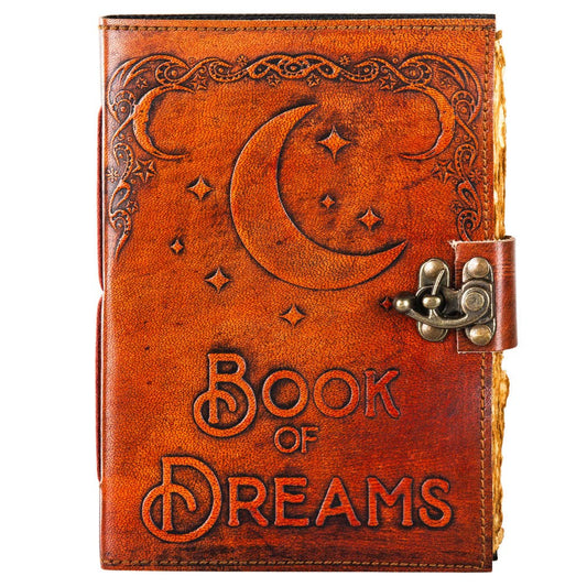 Brown leather journal with embossed design and 'Book of Dreams' text on a white background