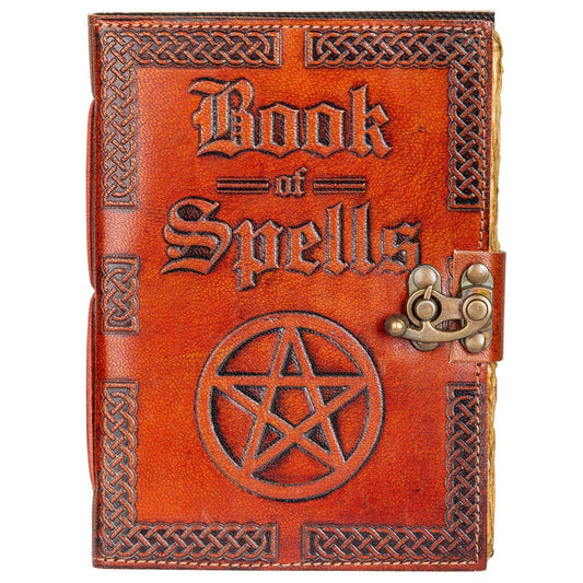 Leather-bound book titled 'Book of Spells' with a pentagram symbol on a white background