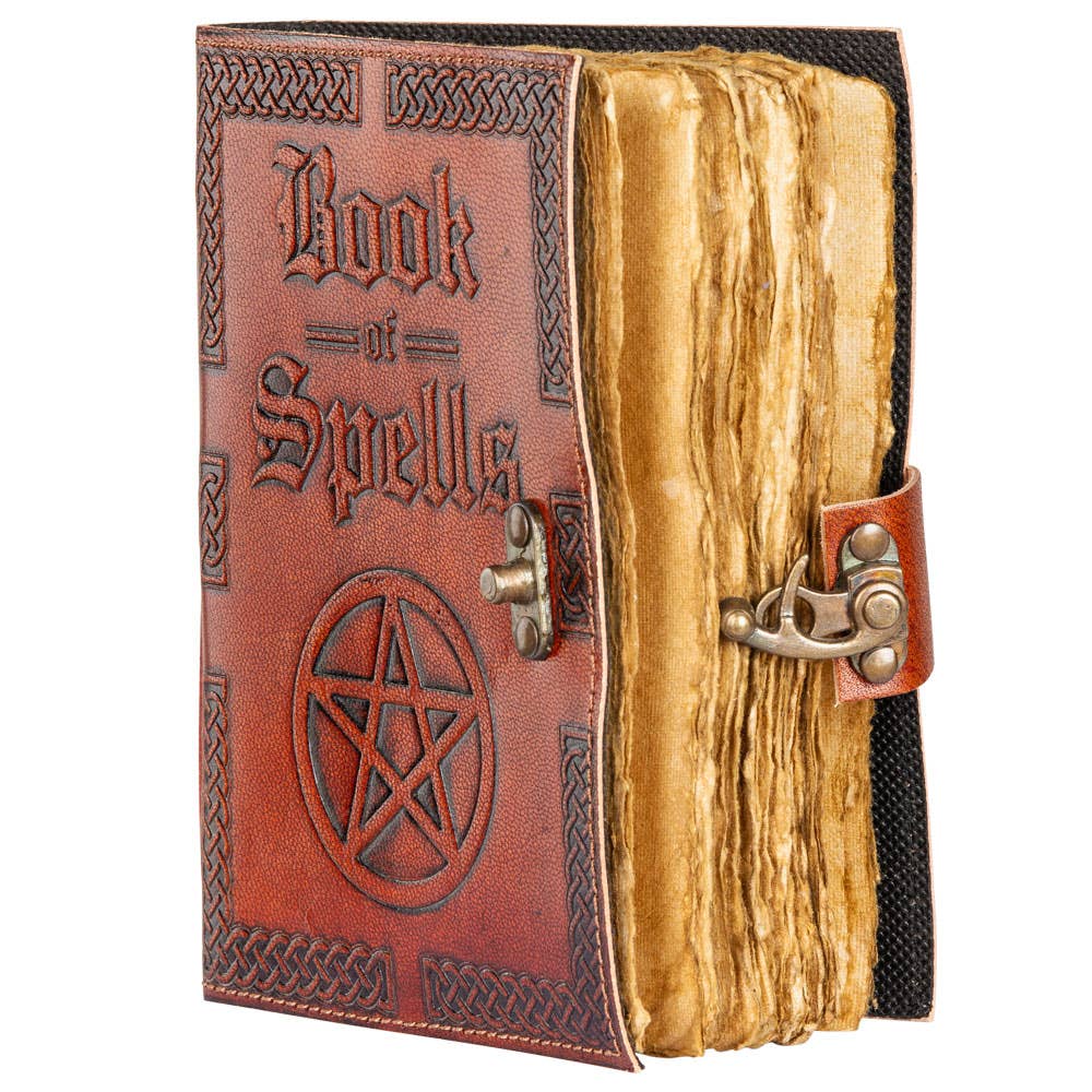 Leather-bound book titled 'Book of Spells' with a pentacle symbol on a white background