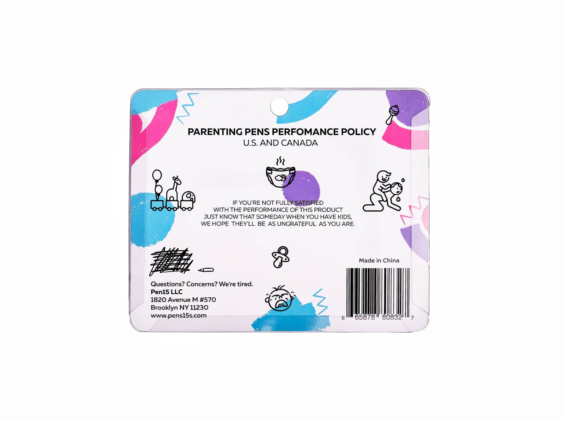 Parenting Pens Performance Policy label with colorful design elements on a white background