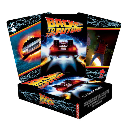 Back to the Future playing cards with iconic car and character images on a white background