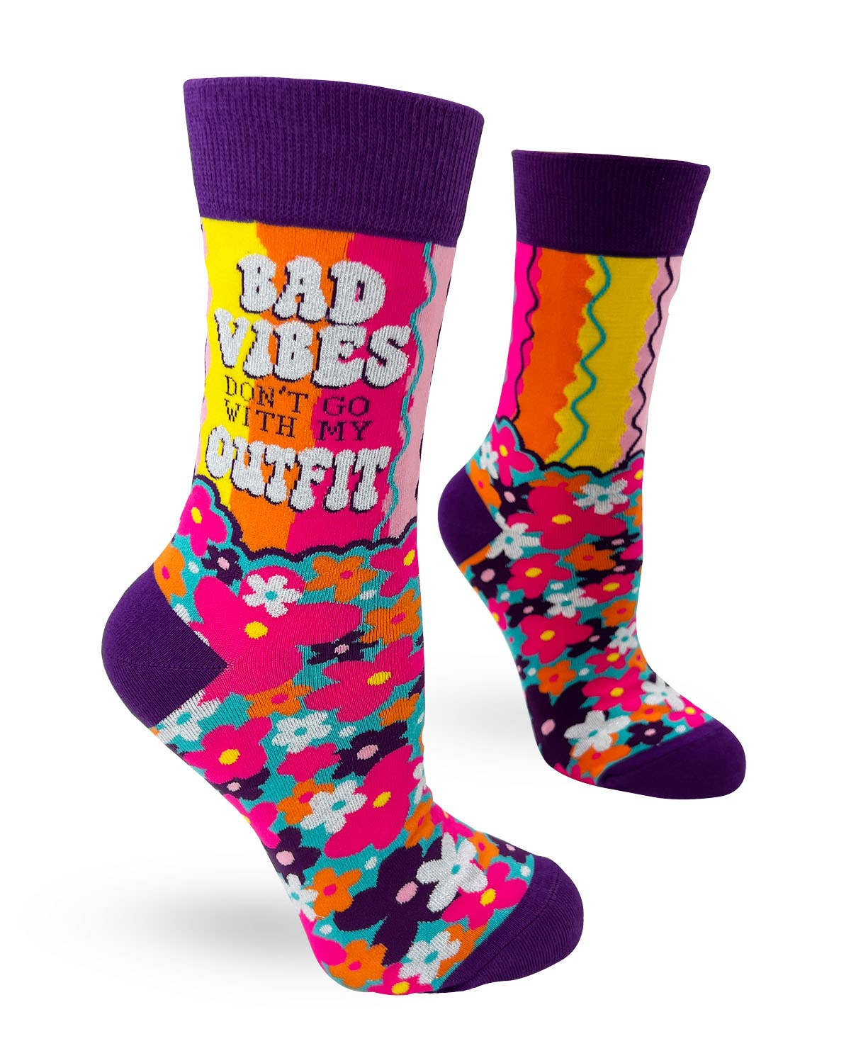 Colorful socks with floral patterns and text on a white background