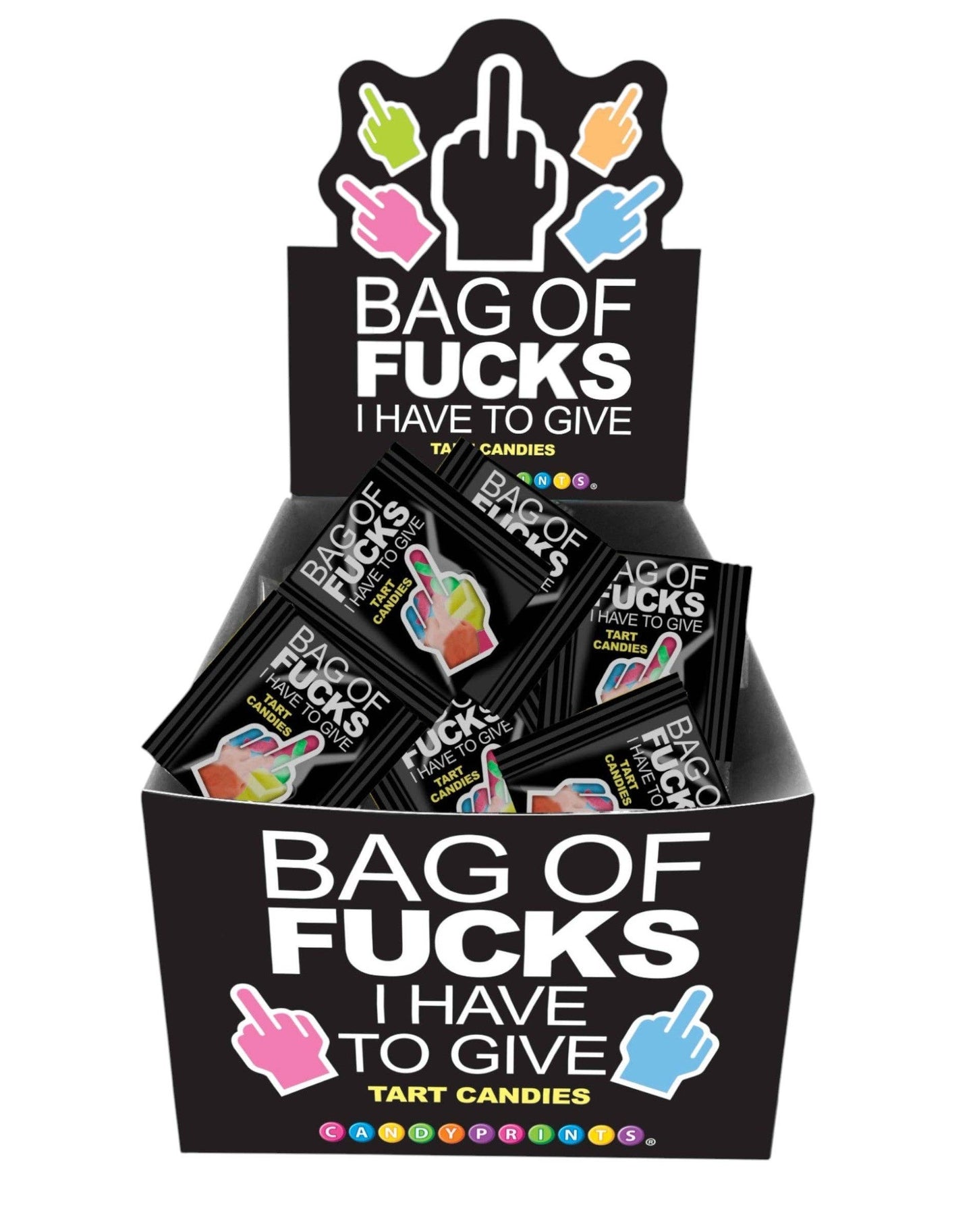 Display of candy packages with offensive text and graphics on a white background