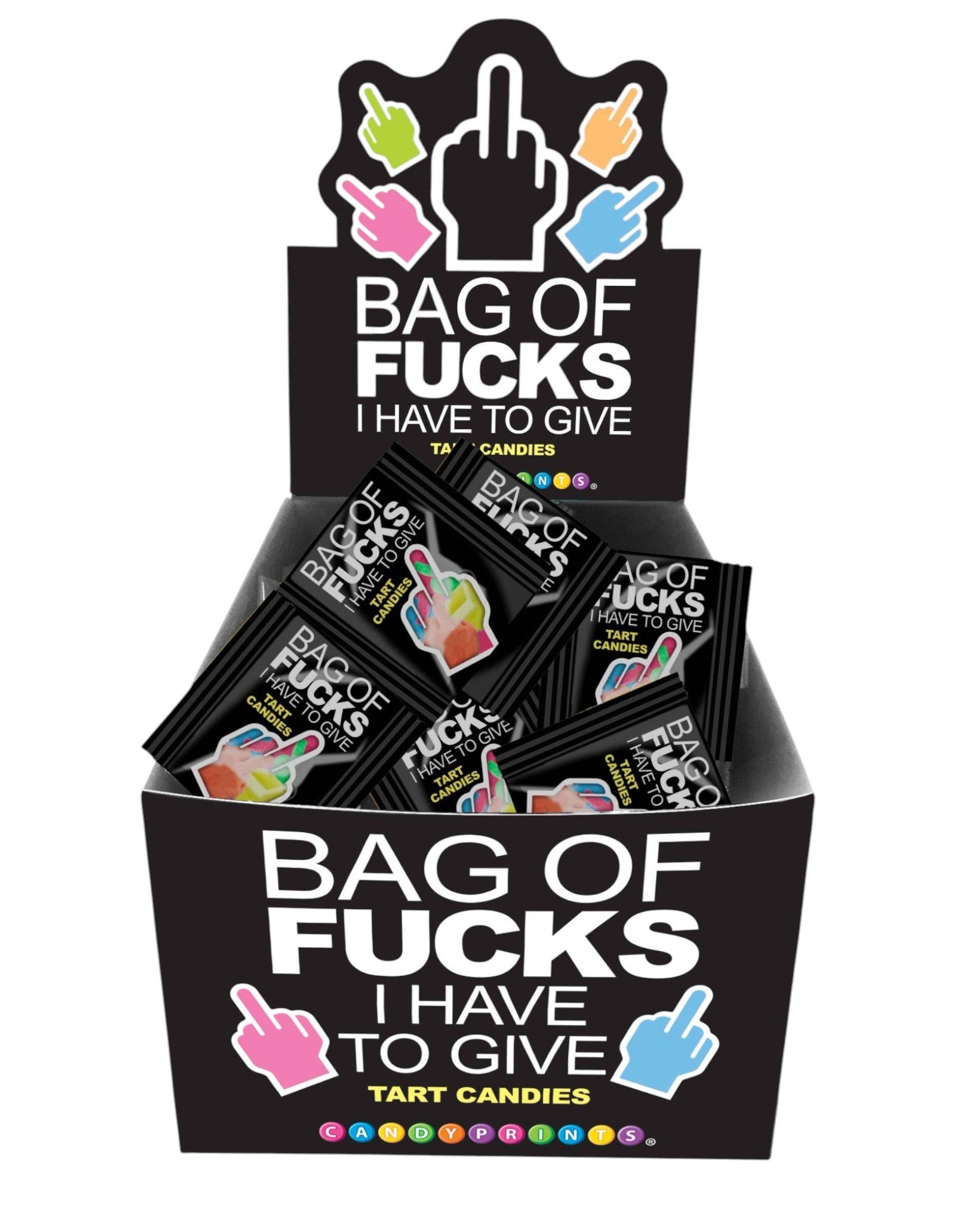Display of candy packages with offensive text and graphics on a white background