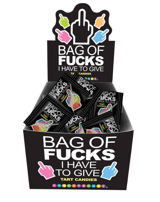 Display of candy packages with offensive text and graphics on a white background