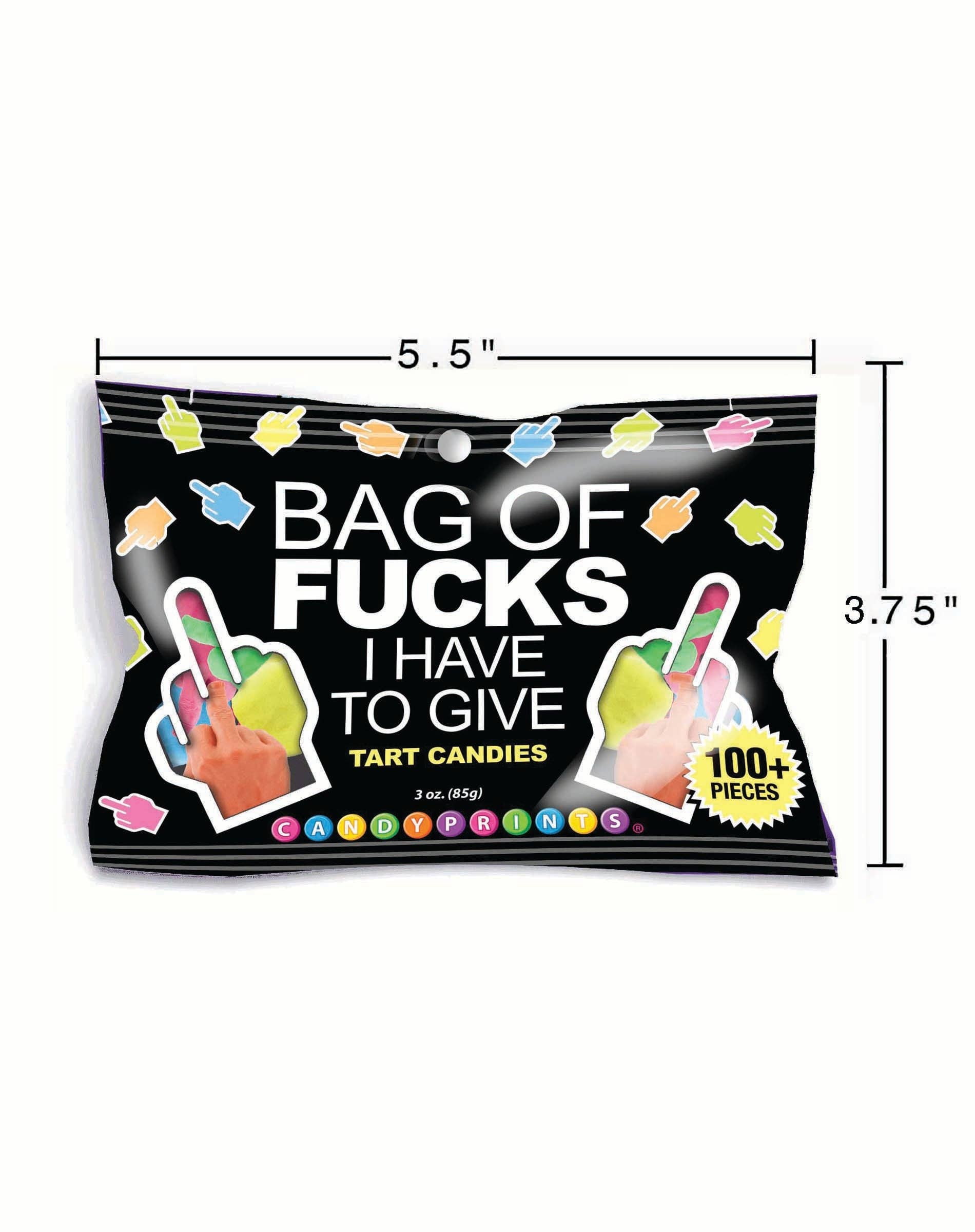 Candy bag with offensive text and dimensions on a white background