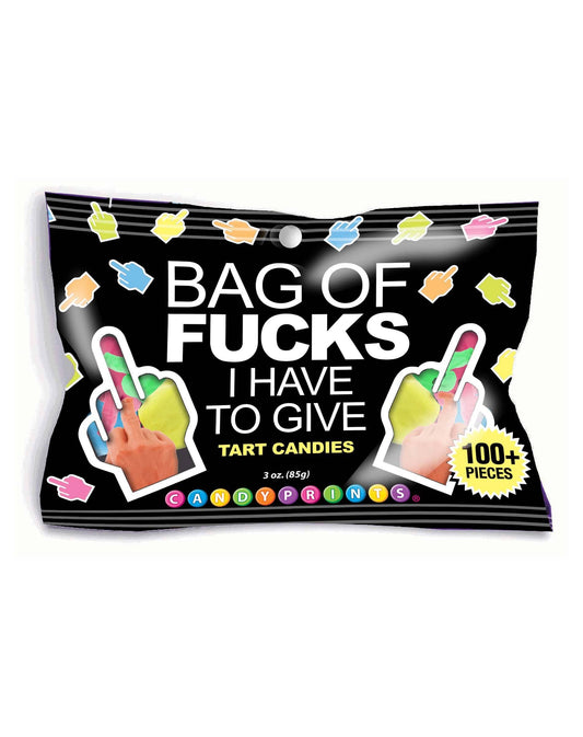 Candy bag with colorful graphics and text on a white background