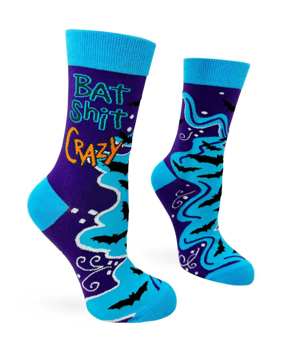 Pair of socks with bat and text design on a white background