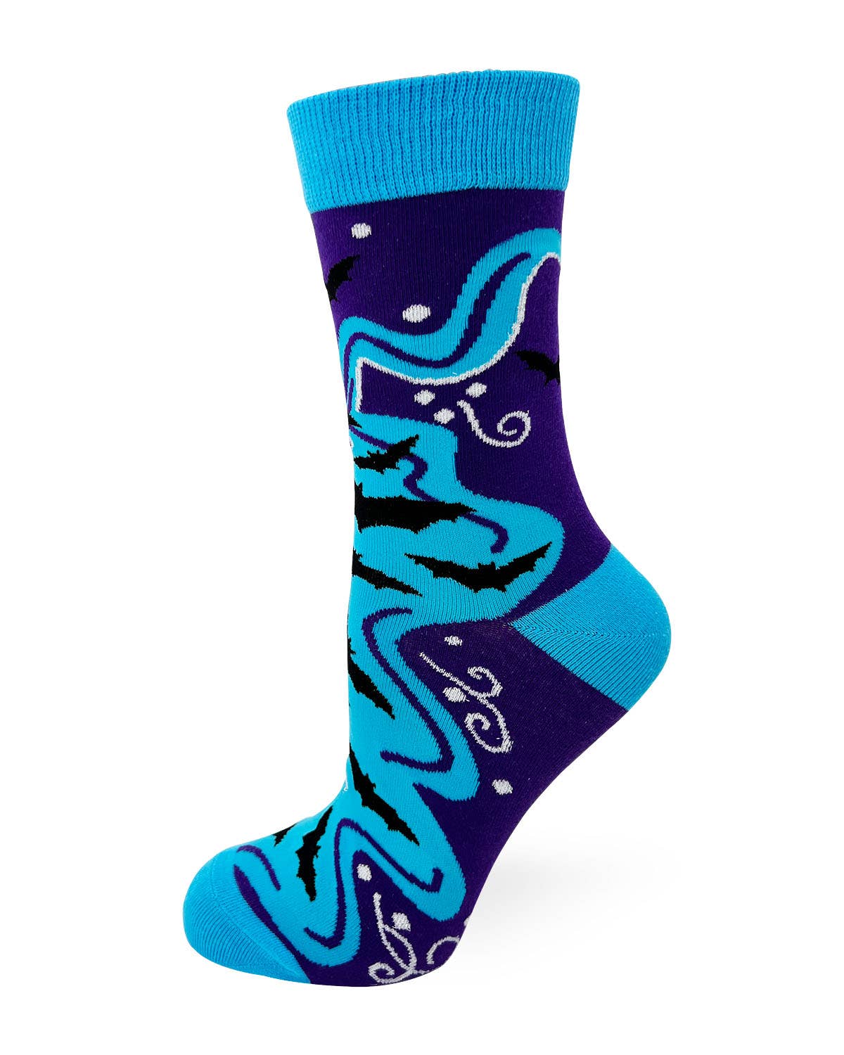 Blue and purple sock with shark design on a white background