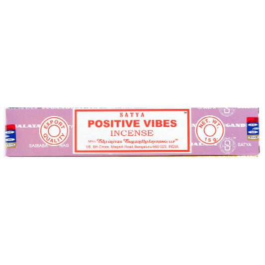Box of Satya Positive Vibes incense on a white background