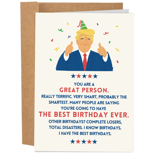 Birthday card with a cartoon character giving a thumbs up, surrounded by confetti, on a white background.