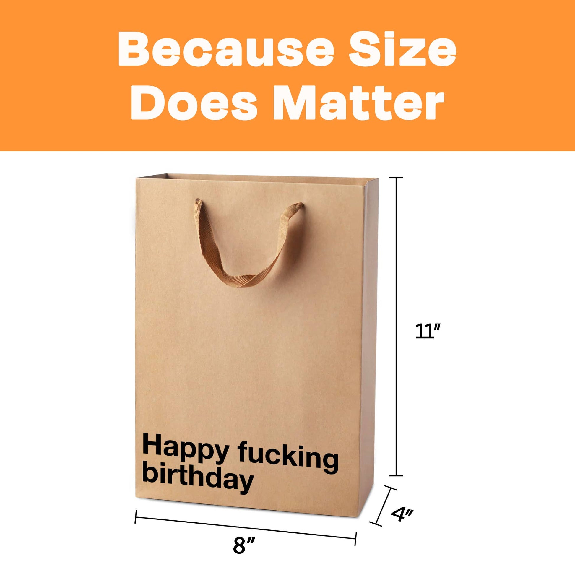 Brown paper bag with 'Happy fucking birthday' text and size dimensions on a white background