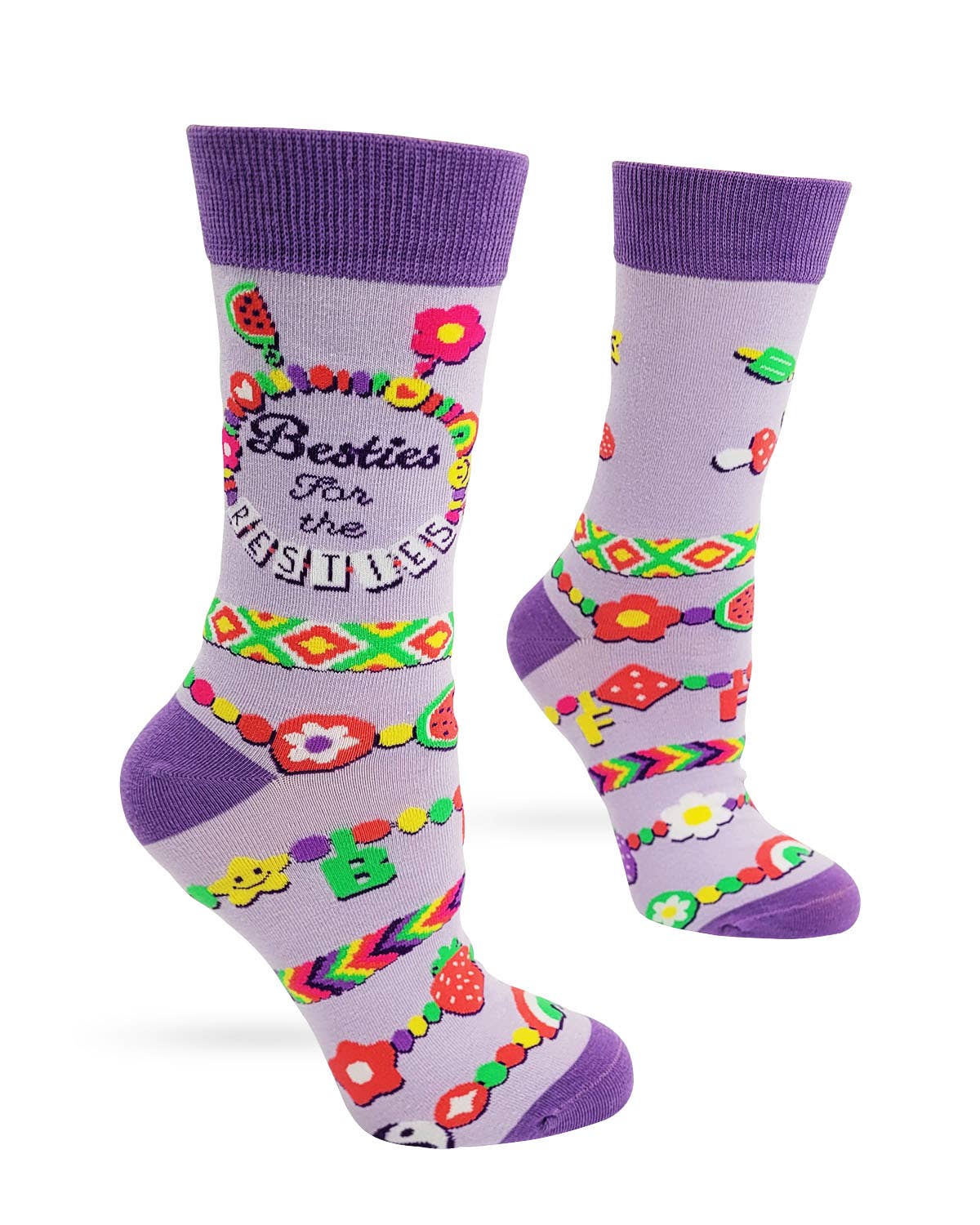 Colorful socks with floral patterns and text on a white background