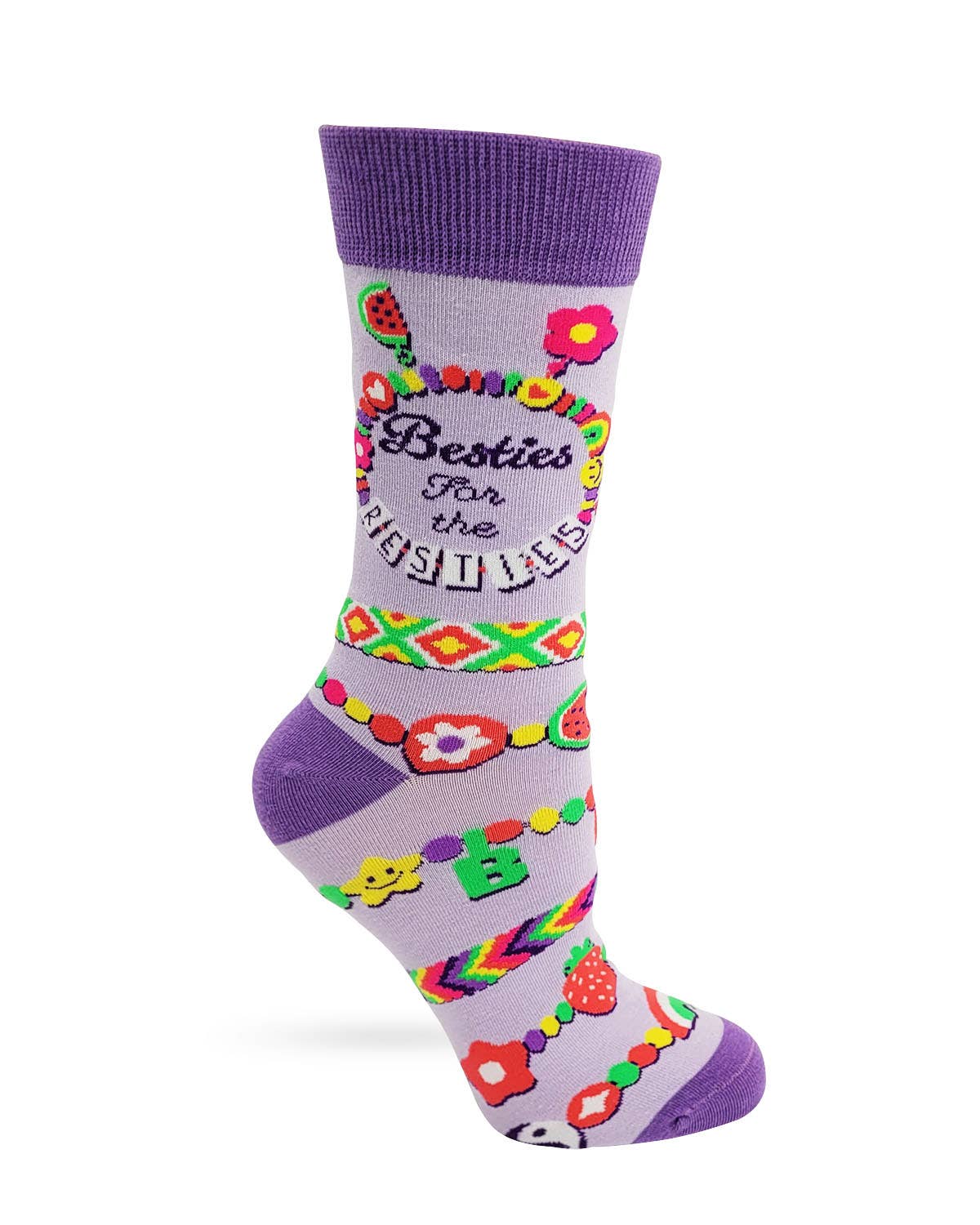 Colorful sock with floral patterns and text on a white background