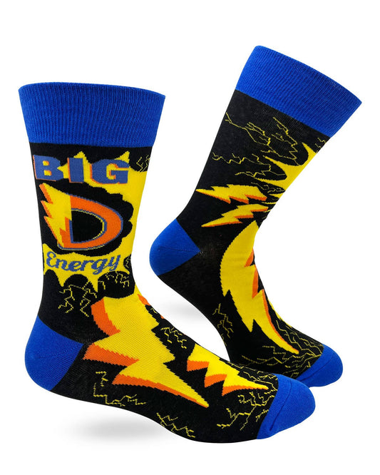 Socks with a design featuring a large 'D' and the text 'Big D Energy' on a white background.