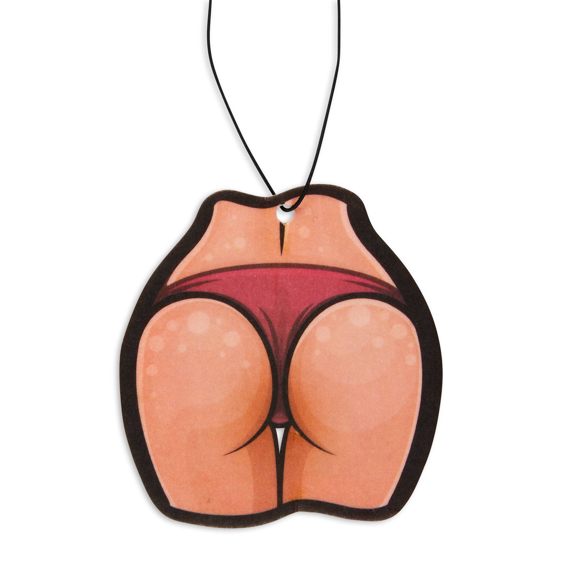 Air freshener shaped like a butt with a red interior on a white background