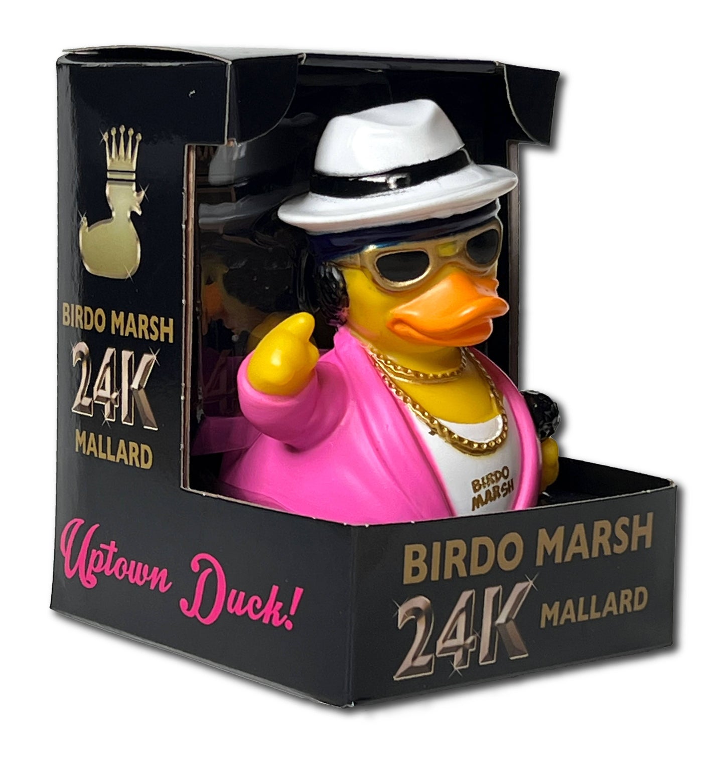 Decorative duck figure in a stylish outfit with packaging labeled 'Birdo Marsh 24K Mallard'.