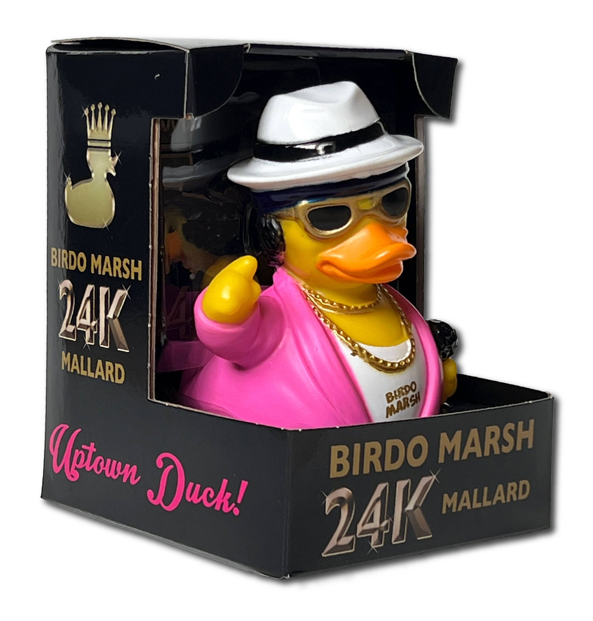 Decorative duck figure in a stylish outfit with packaging labeled 'Birdo Marsh 24K Mallard'.