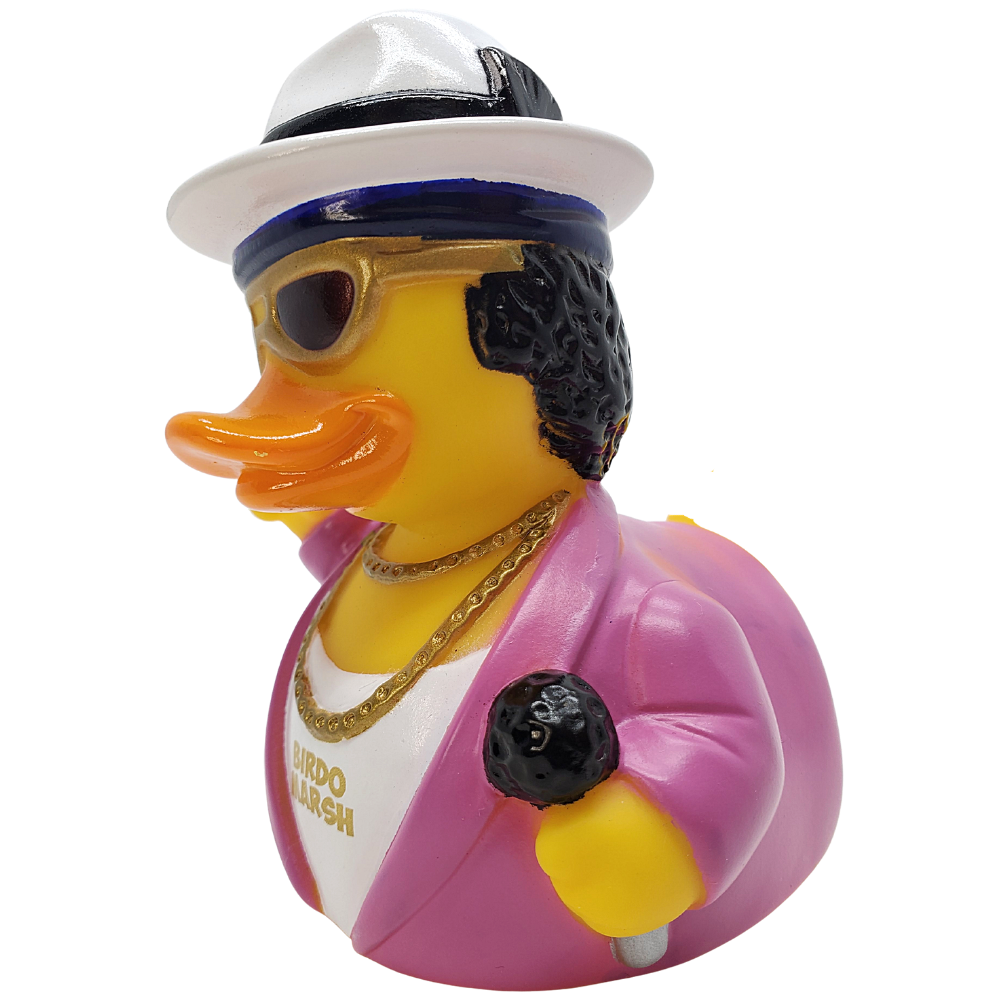 Decorative rubber duck with a stylish outfit on a white background