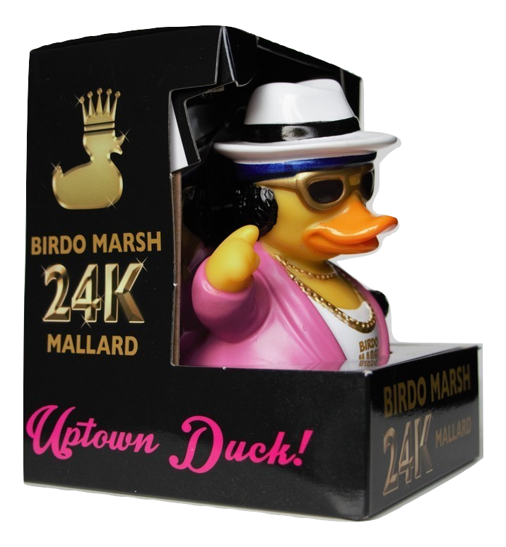 Decorative duck figure in a stylish outfit with packaging labeled 'Birdo Marsh 24K Mallard Uptown Duck'.